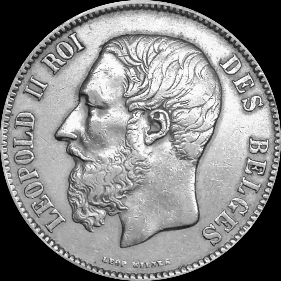 Srebrna Moneta 5 Franków Belgijskich Leopold II Losowe Lata - Front