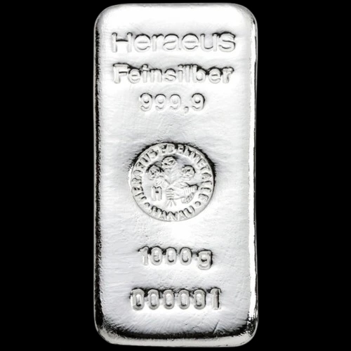 Sztabka 1000g srebra Heraeus - Front