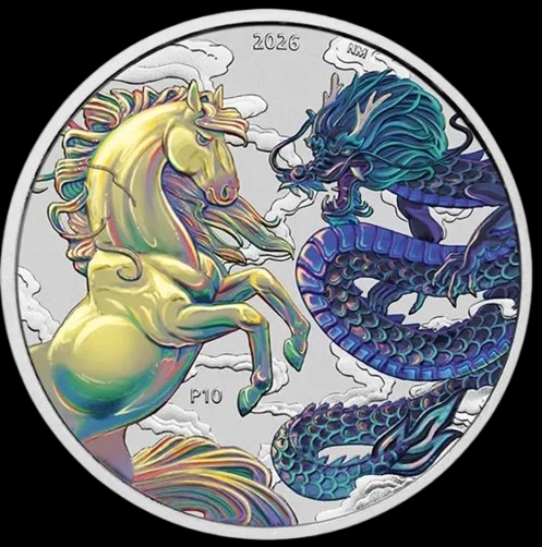 Dragon and Horse Opalite - Chińskie Mity i Legendy 1 uncja srebra Kolor 2026 - Front