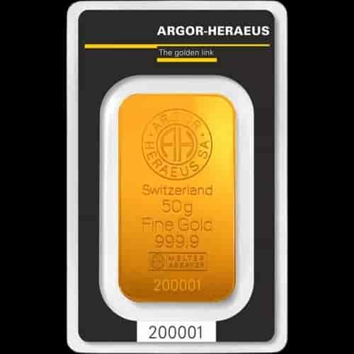 Sztabka 50g złota Argor-Heraeus - Front
