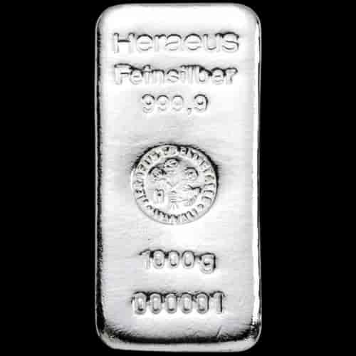 Sztabka 1000g srebra Heraeus - Front