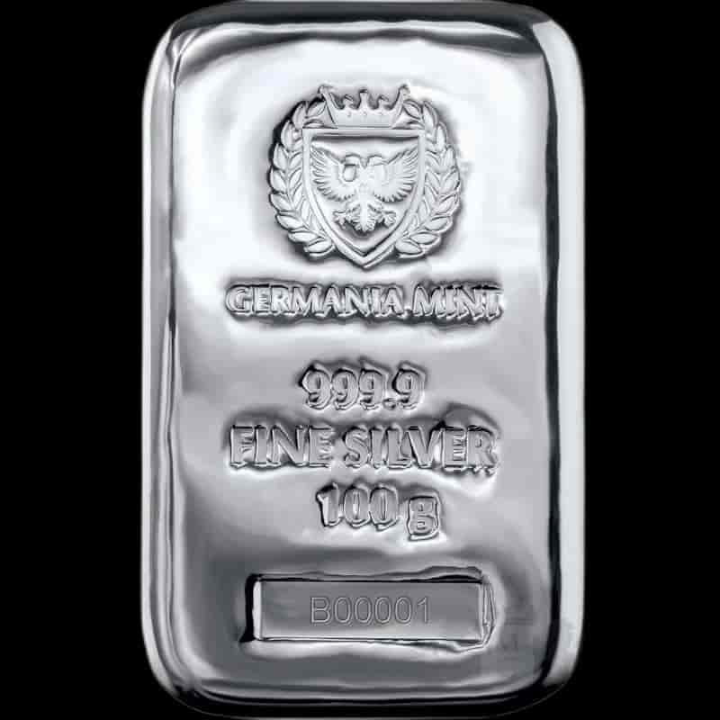 Sztabka 100g srebra Germania Mint - Front