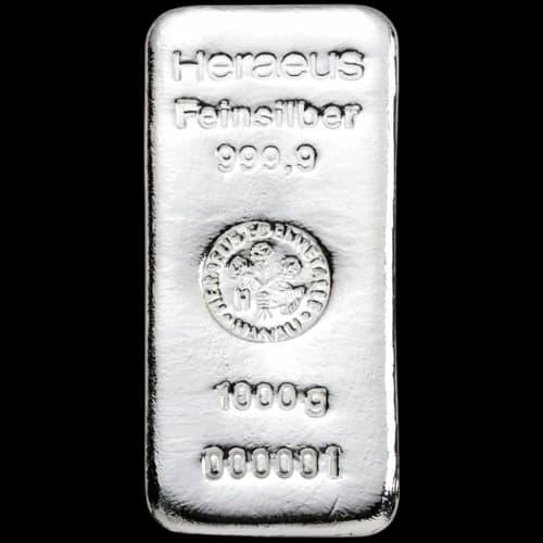 Sztabka 1000g srebra Heraeus - Front